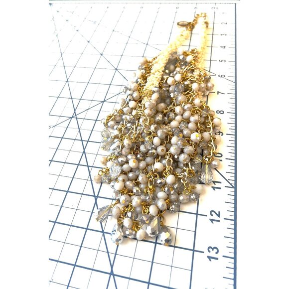 Statement Bib Necklace With White Beads Gray Crystals & Gold Chains By Ailema - Picture 8 of 8